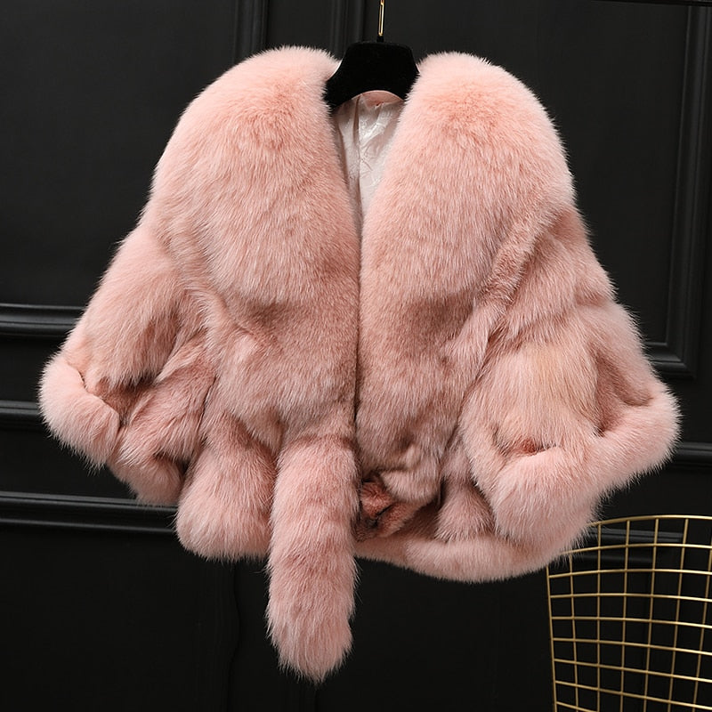 Winter Cloak Warm  Women Cardigan big real Fox Fur Collar Cape Fashion Solid