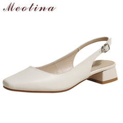 Meotina Genuine Leather Women Slingbacks Shoes Buckle Thick Heels Pumps