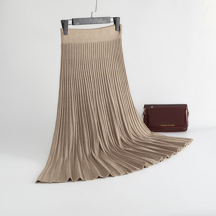 Vertical Striped knitted Women Sweater Skirt Elastic Band Pleated Midi Skirts