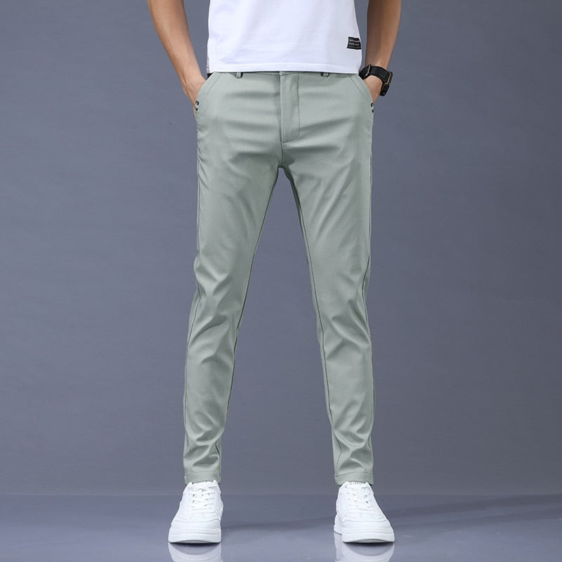 Spring Summer Pants Mens Stretch Korean Casual Slim Fit Elastic Waist