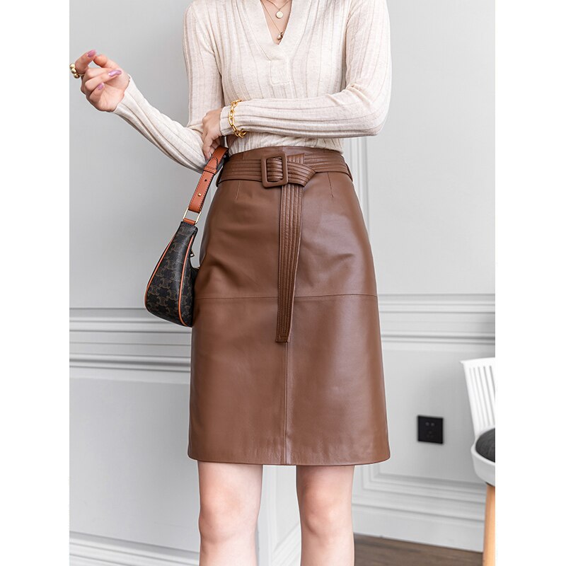 Women Lace-up Genuine Leather Skirt Female Winter Pure Knee Length