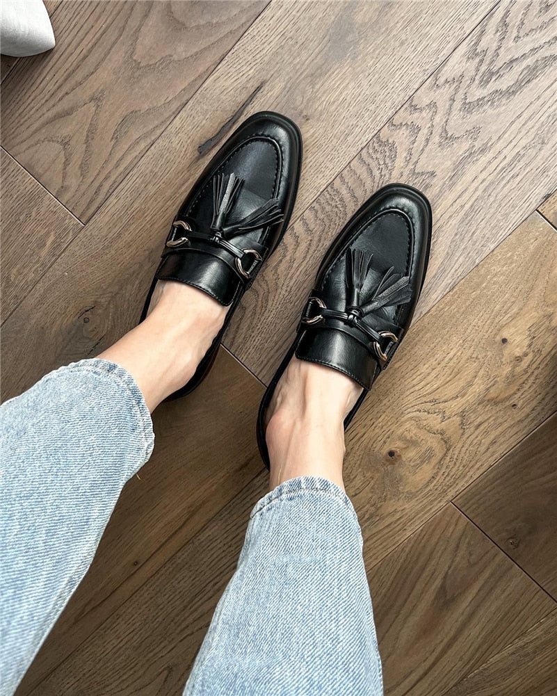 Women Loafers Genuine Leather Flat Shoes Metal Decoration