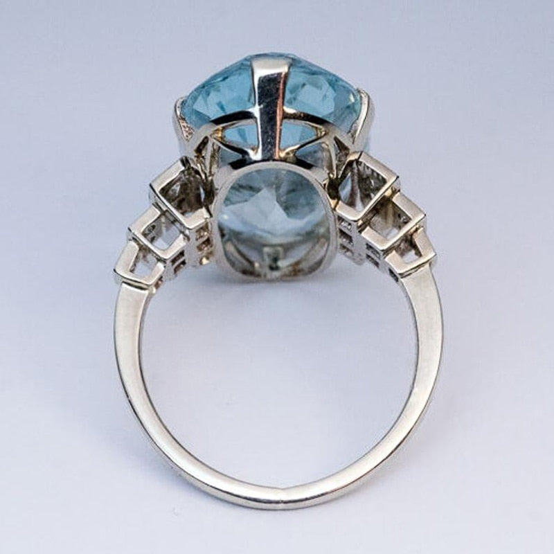 Female Light Sky Blue Wedding Ring Solitaire Band Oval Stone Engage Party