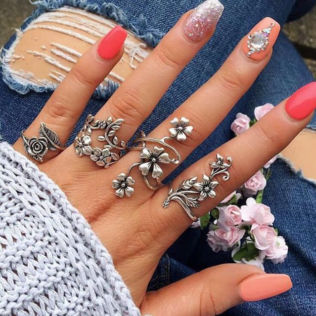 Vintage Boho Crystal Butterfly Rings Set For Women Zircon Leaves Stars