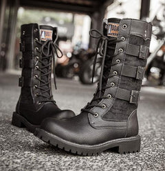 Men's Leather Motorcycle Boots Mid-calf Military Combat Boots Gothic