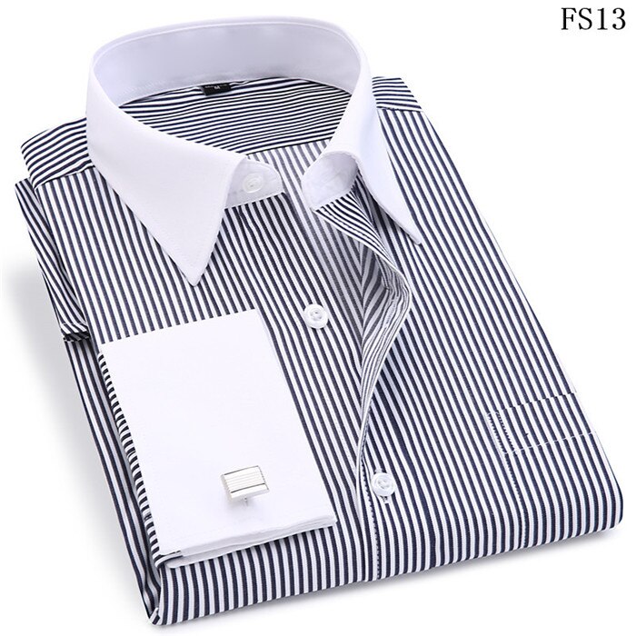 Men 's French Cufflinks Business Dress Shirts Long Sleeves White Blue