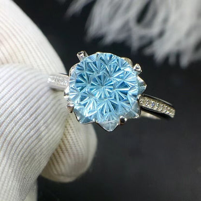 Genuine Natural Blue Topaz Gemstone Women Men Faceted Adjustable Ring