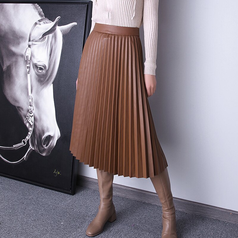 Pleated Skirts For Women Spring Female Harajuku Genuine Leather Vintage