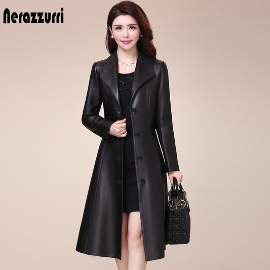 Nerazzurri Spring autumn long black soft faux leather coat women long sleeve