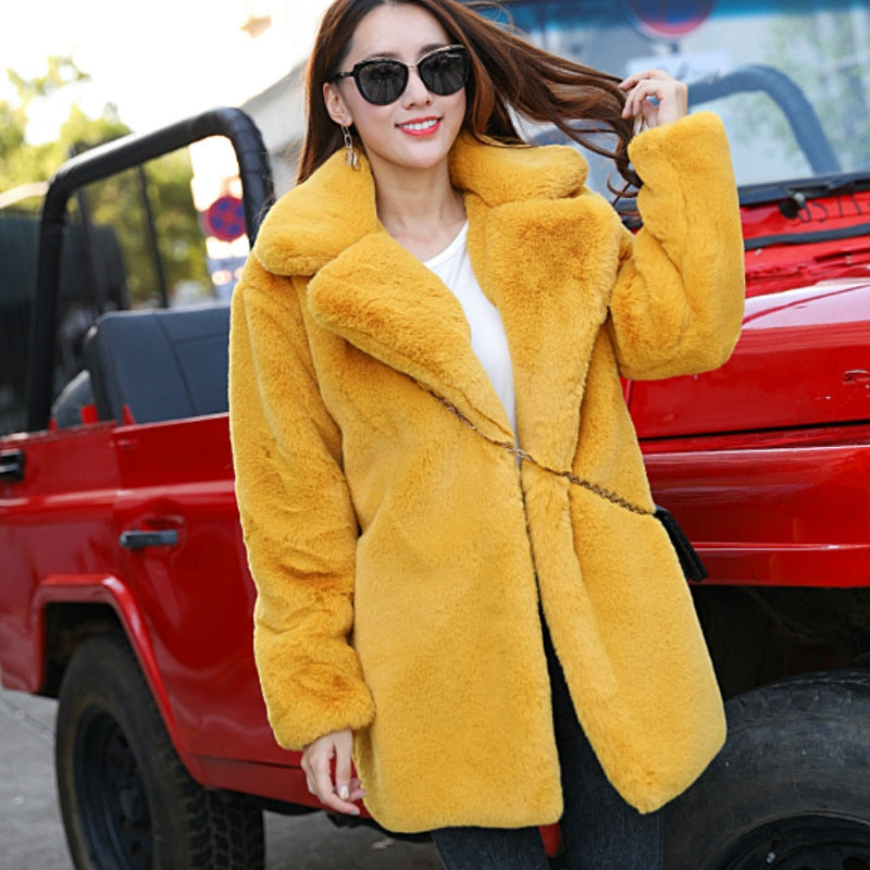 Winter Women High Quality Faux Rabbit Fur Coat Luxury Fur Coat Loose Lapel Over Coat