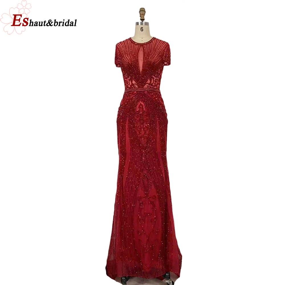 Evening wear Dresses: Wedding Evening Night Dresses Short Sleeves O Neck Beading