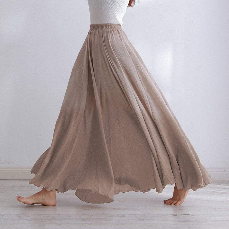 Cotton Linen Maxi Skirt Womens Casual Elastic High Waist Pleated