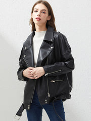 Autumn Women Faux Soft Leather Loose Jacket Coat Turndown