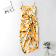 Women Vintage Yellow Tie dye Flower print  Spaghetti Strap Dress