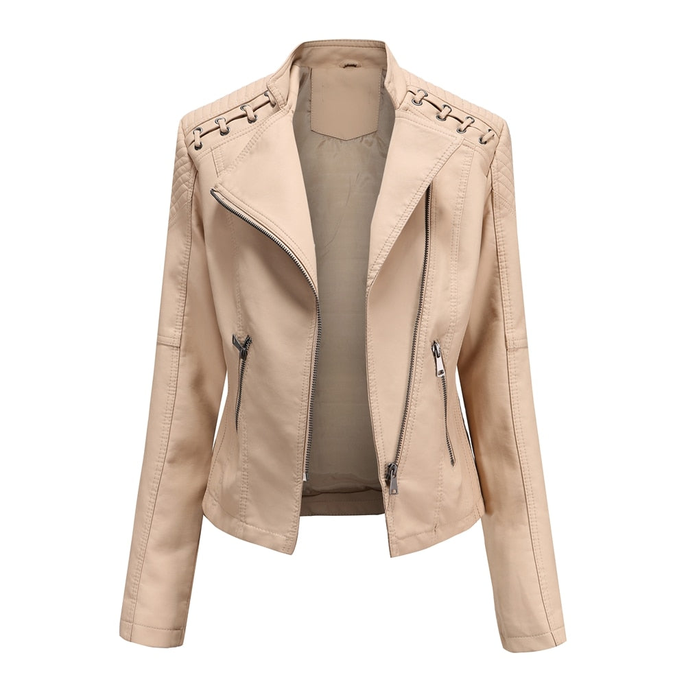 Women's Leather Jacket Slim Turn-down Collar Short PU Leather Jacket