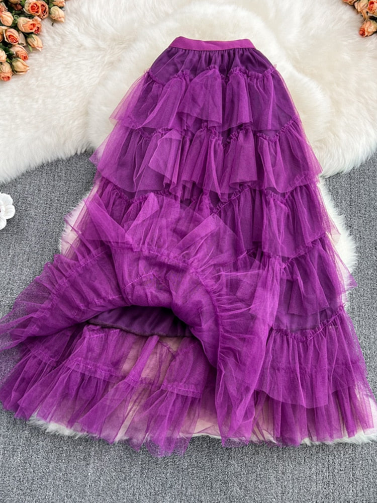 Tutu Tulle Long Skirts Womens Spring Korean Solid A Line High Waist
