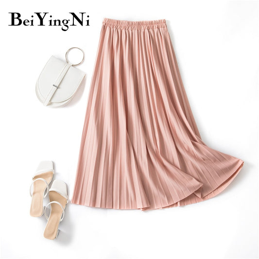 Pleated Midi Skirt Elastic High Waist Sweet Casual Summer Slim