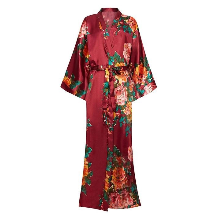 Women Exquisite Print Flower Kimono Gown Wedding Robe Elegant Ankle-length
