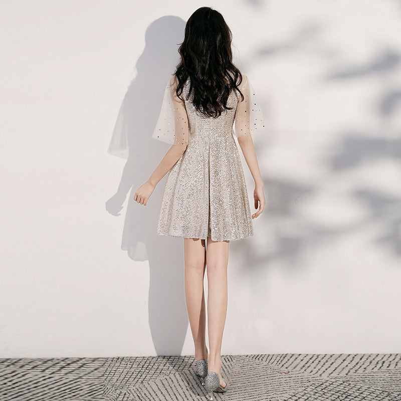 Homecoming Dresses: Elegant silver Prom Dresses Prom Dress Short V Neck sequin short