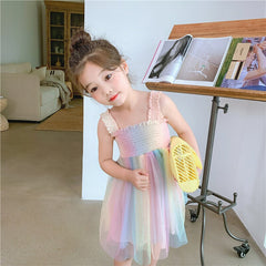 Girls Dress Rainbow Crumpled Mesh Suspender Princess Party Dress