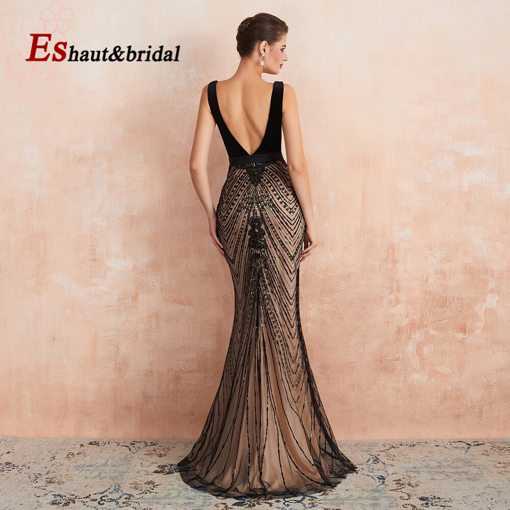 Evening wear Dresses: Black Velvet Mermaid Evening Night Dress for Women V Neck