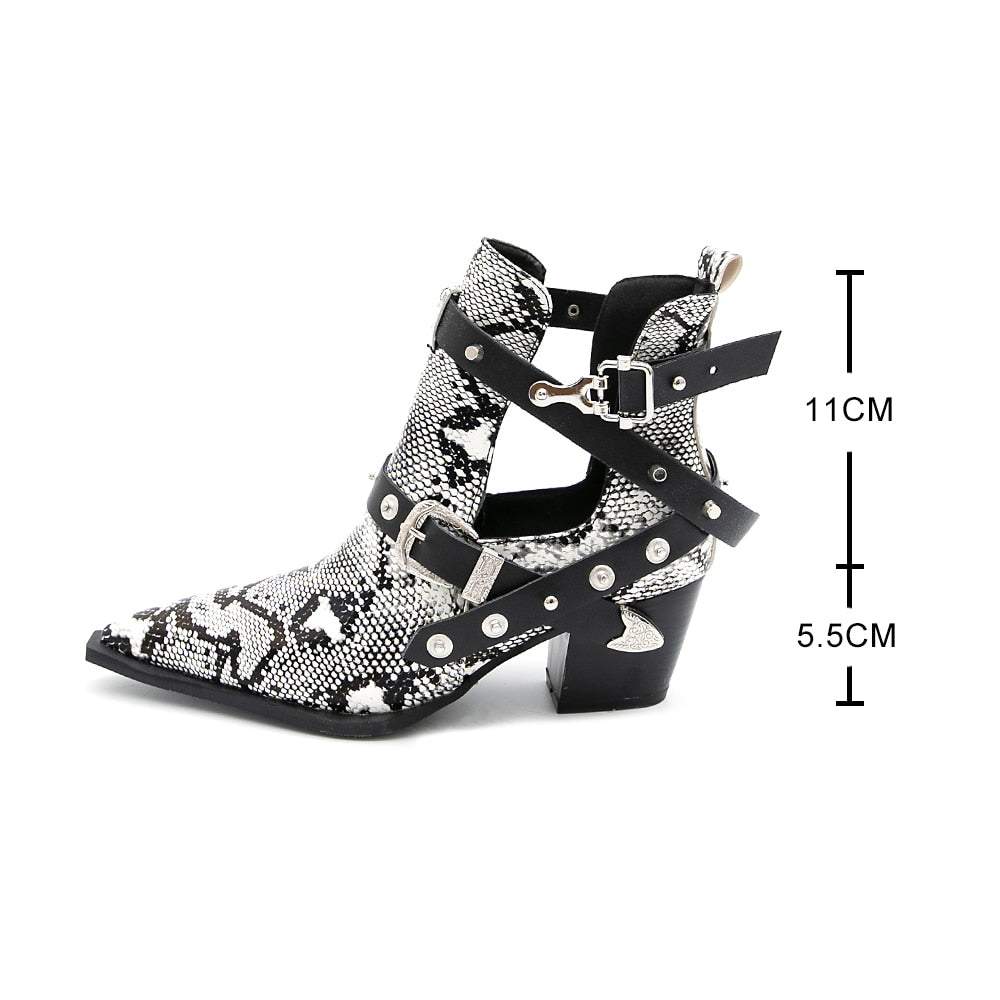 Motorcycle Western Cowboy Boots Women Snake PU Leather Short Cossacks