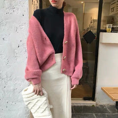 Elegant Long Sleeve Mohair Sweater Women Single-Breasted Female Short Cardigan