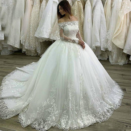 White Bridesmaid Dresses: Ball Gown White Wedding Dresses Long Sleeve Lace