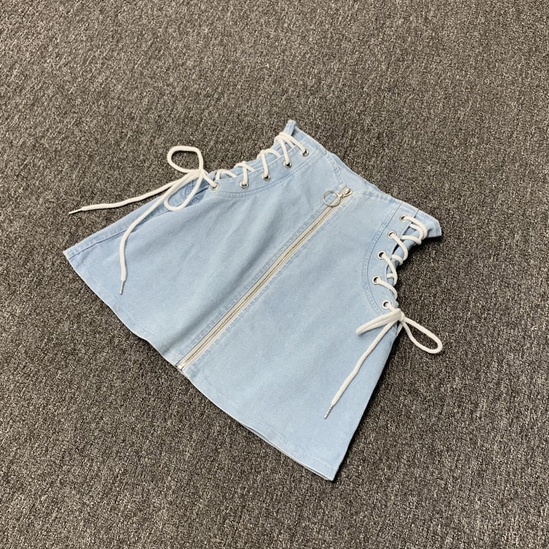 Denim A-line lace-up skirts women front ring zipper fashion empire mini skirt bottoms women