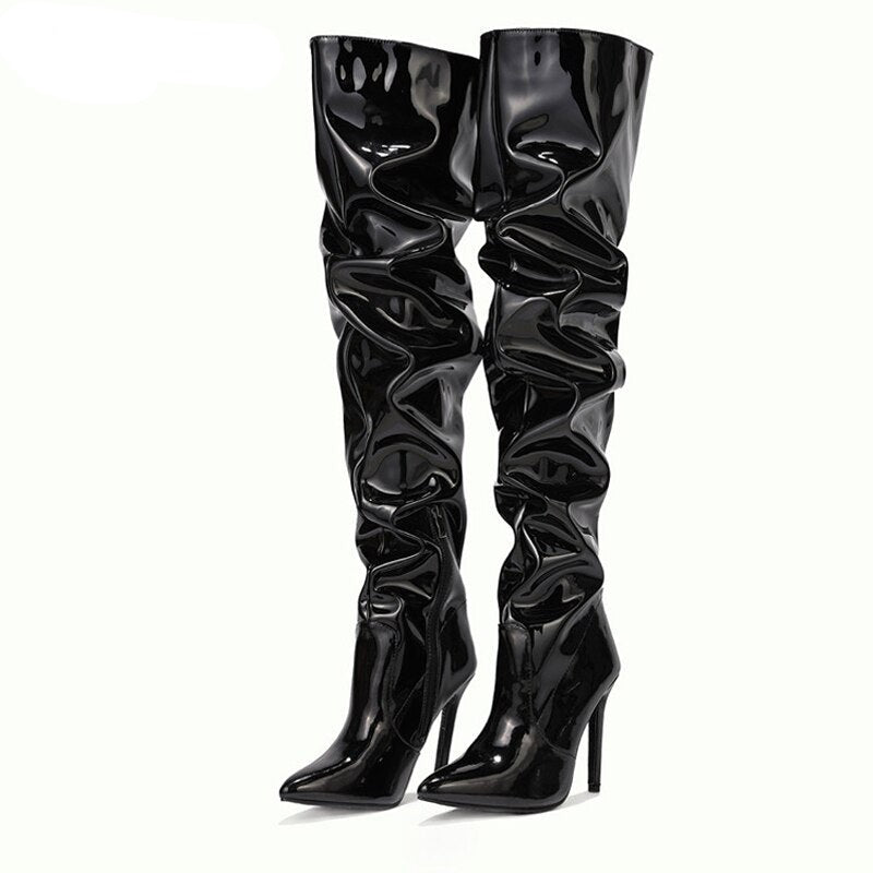 Patent Leather Motorcycle Over The Knee Boots Women Fashion Pointed Toe Zip Thigh High Lady Shoes