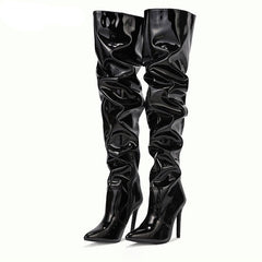 Patent Leather Motorcycle Over The Knee Boots Women Fashion Pointed Toe