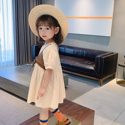 Summer Girls Puff Sleeve Princess Dress New Baby Kids Sweet Fake Two-Piece