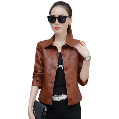 Leather Jacket Women Caramel 3XL 4XL Short Slim PU Coat