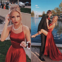 Burgundy Halter Neck Prom Dresses Backless Front Split Satin A-line Prom