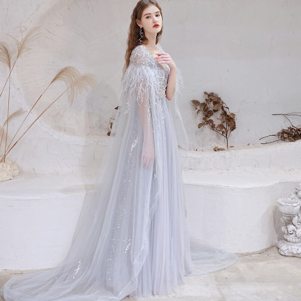 Evening wear Dresses: Evening Dresses with Detachable Shawl Silver Grey