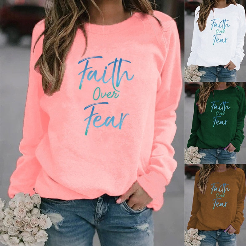 Women Hoodie Faith Over Fear Letter Printed Hoodies Women Fleece Long