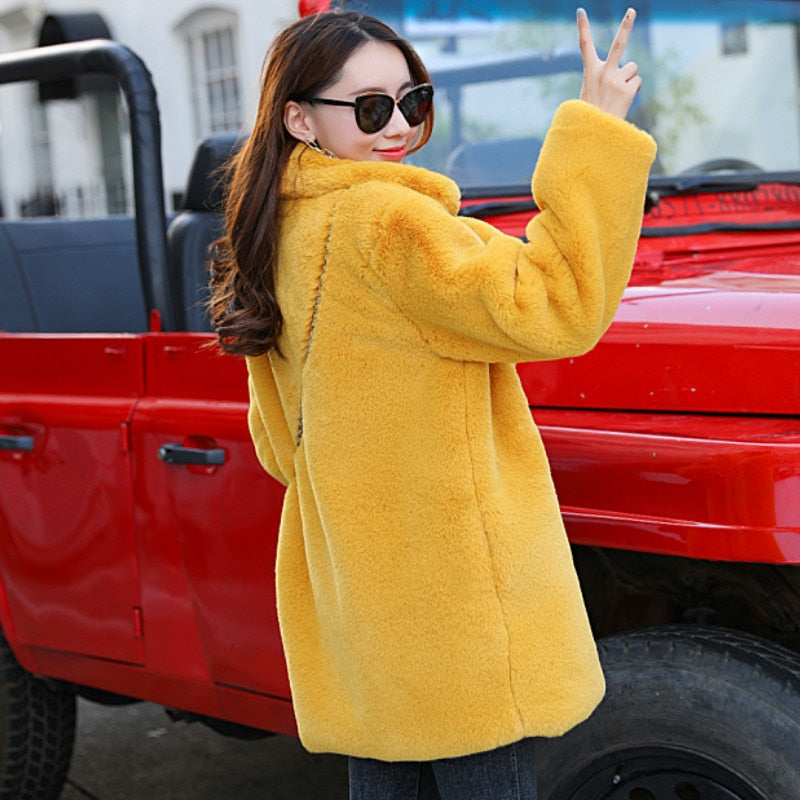 Winter Women High Quality Faux Rabbit Fur Coat Luxury Fur Coat Loose Lapel Over Coat