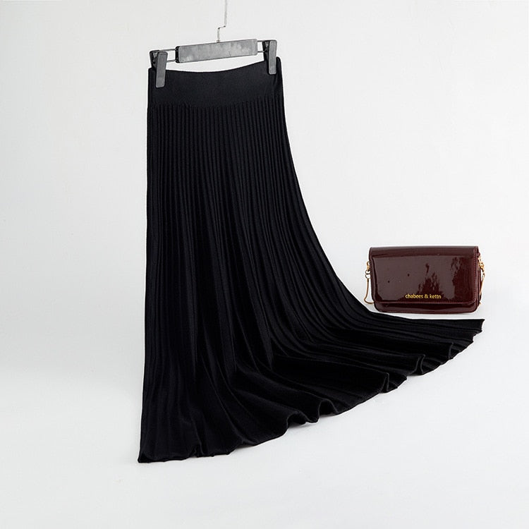 Vertical Striped knitted Women Sweater Skirt Elastic Band Pleated Midi Skirts