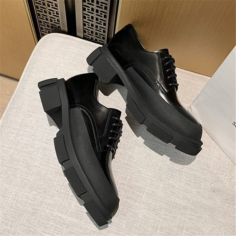 Women Loafers Genuine Leather Pumps Thick Heels Platform Lace Up