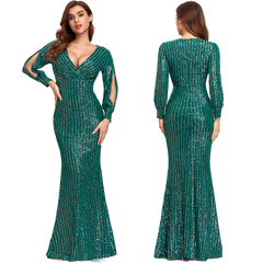 Sexy V-neck Mermaid Evening Dress Long Formal Prom Party Gown Full Sequins