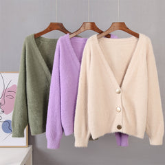 Elegant Long Sleeve Mohair Sweater Women Single-Breasted Female Short Cardigan