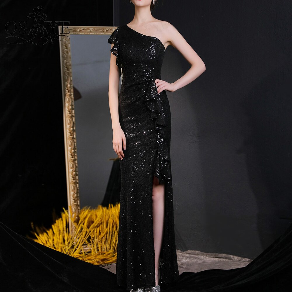Evening wear Dresses: One Shoulder Silver Prom Dresses Ruffles Sequin Sheath