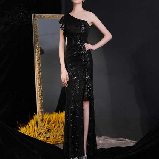 Evening wear Dresses: One Shoulder Silver Prom Dresses Ruffles Sequin Sheath