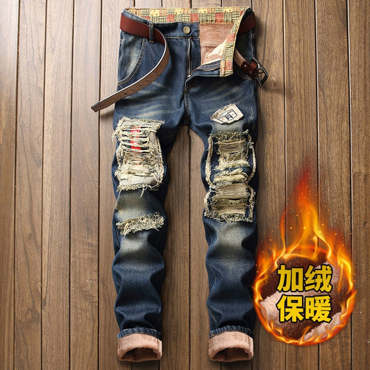 Winter Men Warm Fleece Jeans Retro Fashion Thicken Trousers