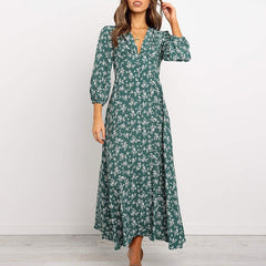 Women Chiffon Long Dress Floral Print Lantern Sleeve A-line Maxi