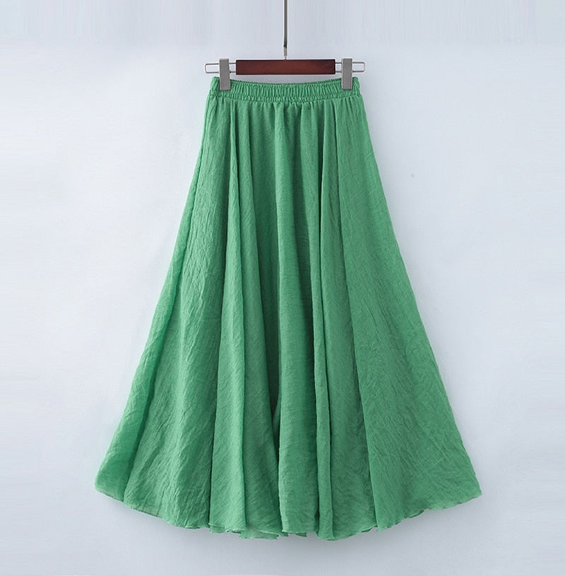 Cotton Linen Maxi Skirt Womens Casual Elastic High Waist Pleated