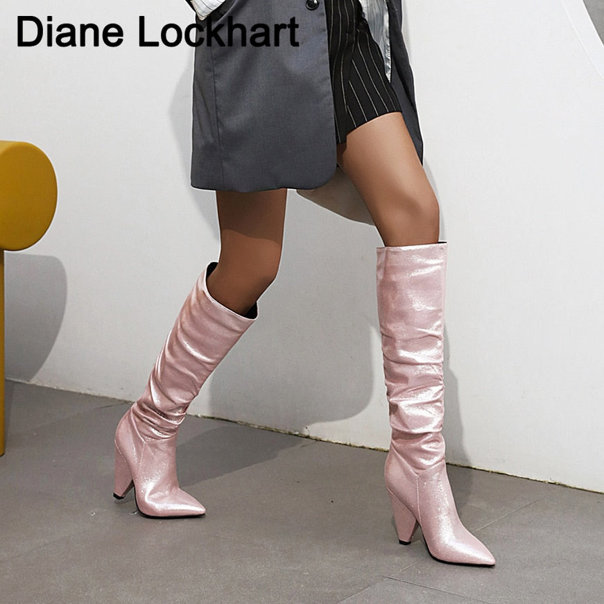 Winter Sequined Cloth Pleated Boots For Women Pointed Toe Thick Heels Botas