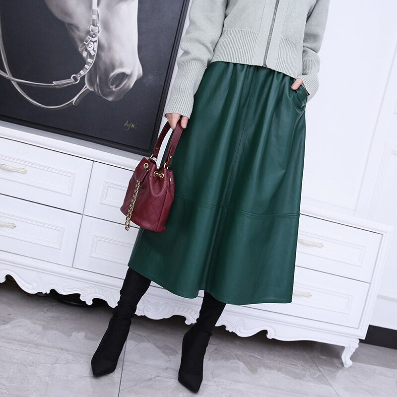 Jupe Longue Femme Women Genuine Leather Harajuku High Elastic Waist