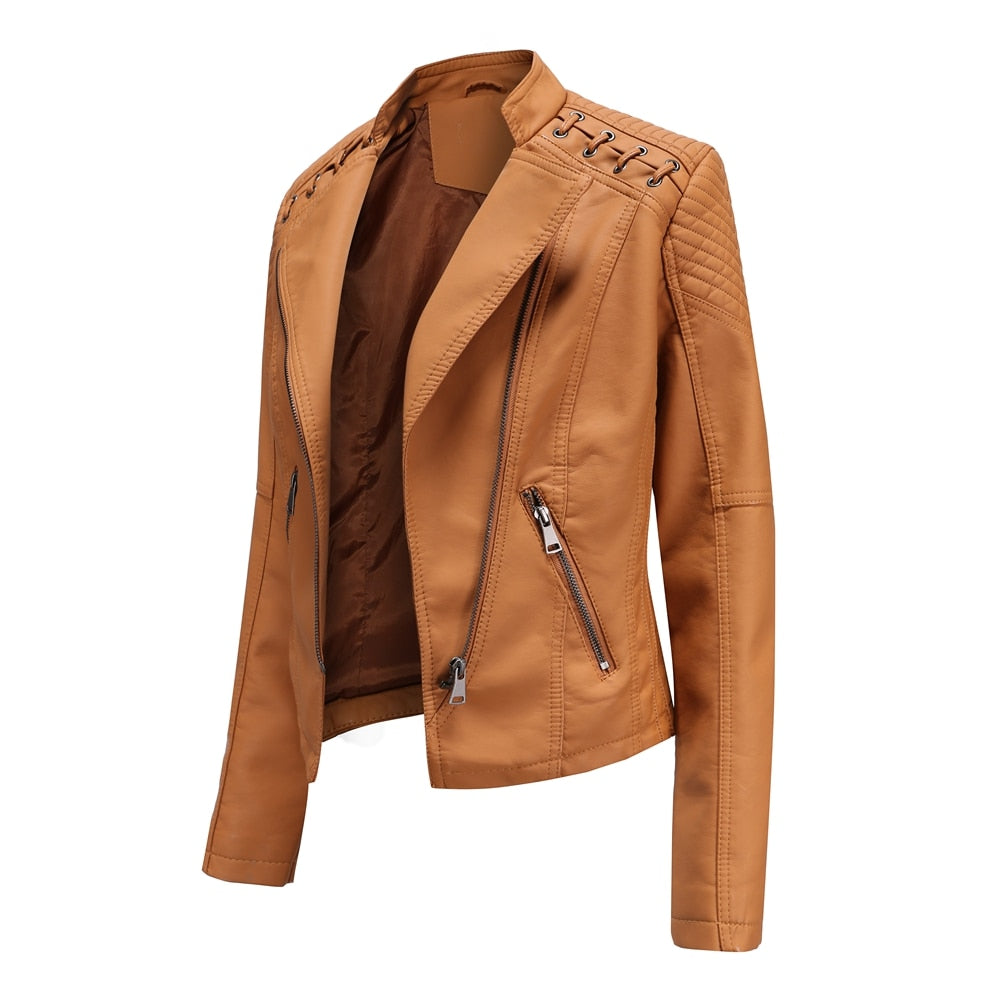 Women's Leather Jacket Slim Turn-down Collar Short PU Leather Jacket
