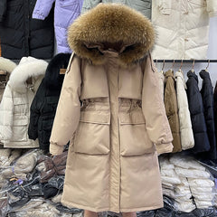 Winter Women Long Jacket Large Natural Fur Collar Hooded